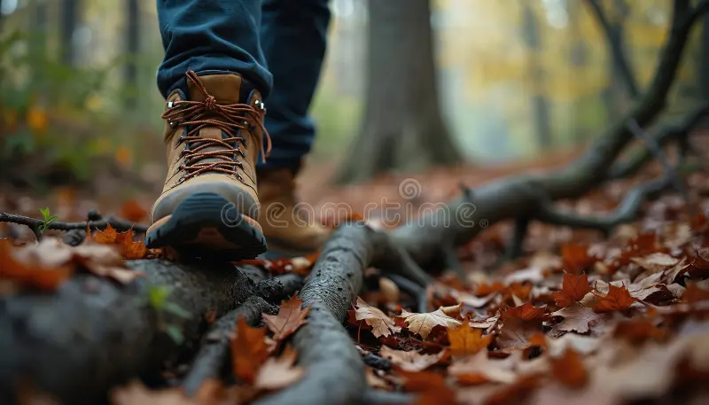 primer-plano-de-una-persona-con-botas-senderismo-marrones-caminando-sobre-raíces-árboles-en-el-bosque-cubiertas-hojas-otoño-412793597